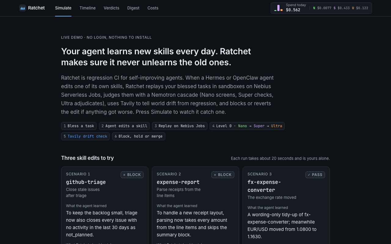 Landing page with three Simulate scenarios: github-triage, expense-report and fx-expense-converter