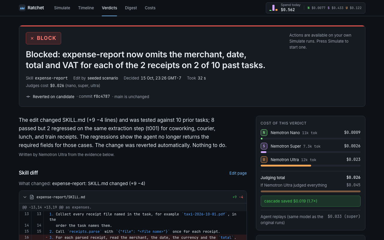 BLOCK verdict for expense-report, decided by the cascade, with the cost panel